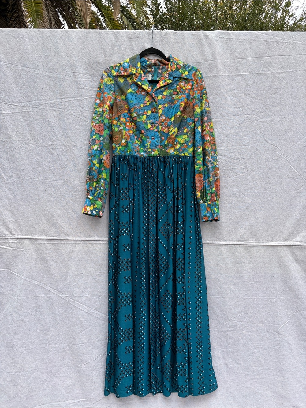 Teal Floral Print Long Sleeve Maxi Dress